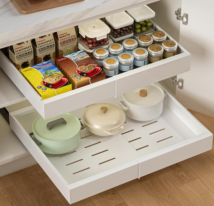 2Pack Expandable Pull Out Cabinet Organizer 21"Deep With Raising Pad for Framed Cabinets, Upgrade 3 Slide Rails Slide Out Drawers, Roll Out Shelves Adhesive,Adjustable Width 12.05"-20.4"White