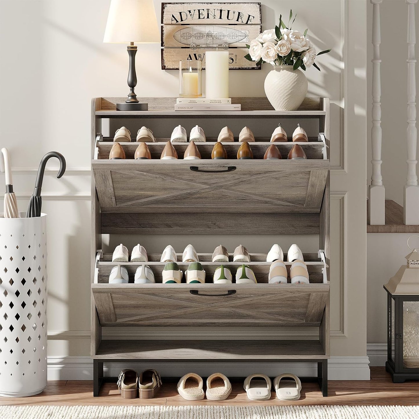 Maupvit Shoe Cabinet with 2 Flip Drawers, Freestanding Shoe Cabinet Organizer with Metal Legs, Shoes Storage Cabinet for Entryway, Narrow Shoe Rack Cabinet, Washed Gray