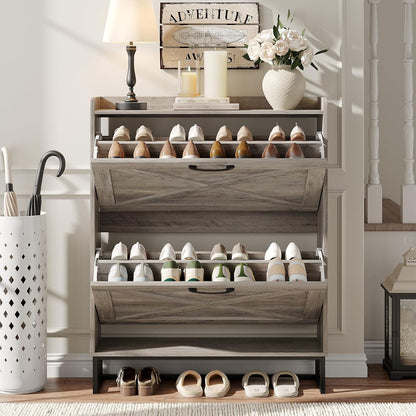 Maupvit Shoe Cabinet with 2 Flip Drawers, Freestanding Shoe Cabinet Organizer with Metal Legs, Shoes Storage Cabinet for Entryway, Narrow Shoe Rack Cabinet, Washed Gray