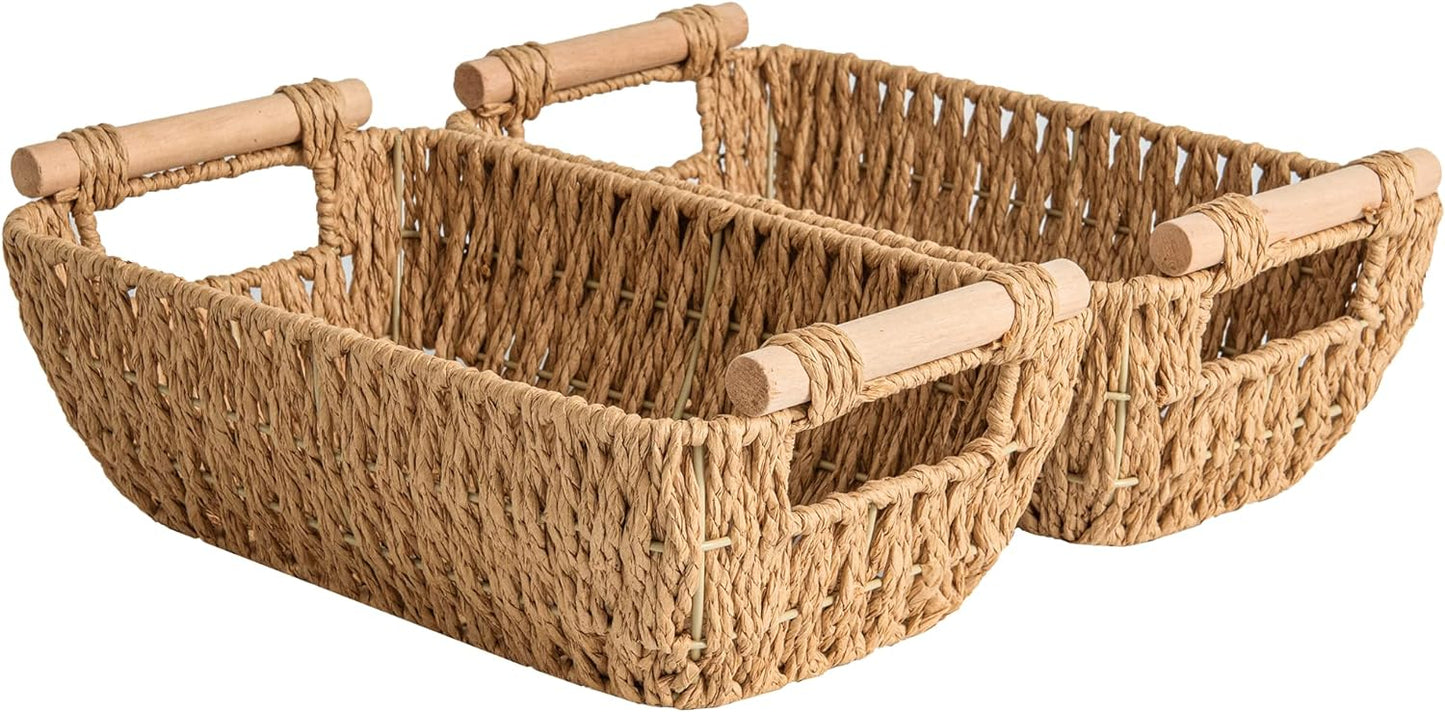 StorageWorks Hand-Woven Large Storage Baskets with Wooden Handles, Water Hyacinth Wicker Baskets for Organizing, 2-Pack