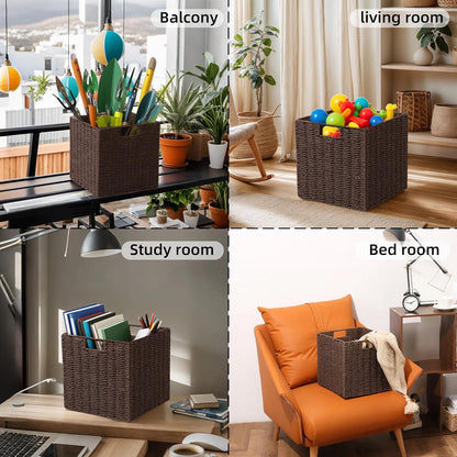 Set of 2 Hand-Woven Paper Rope Wicker Baskets, Storage Basket, Foldable Cube Storage Bins, Brown Storage Cubes, Square Baskets for Organizing Shelves Decor, 12x12x12in