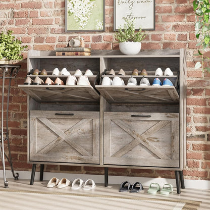 Maupvit Shoe Cabinet with 2 Flip Drawers, Freestanding Shoe Cabinet Organizer with Metal Legs, Shoes Storage Cabinet for Entryway, Narrow Shoe Rack Cabinet, Washed Gray