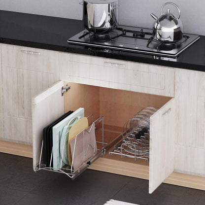 Pull Out Cookie Sheet Organizer for Cabinet, Pan and Pot, Cutting Board, Bakeware, Tray Organizer Rack, Sliding Rack- Heavy Duty, Adjustable Divider Width, 10" W x 22" D x 11" H, Chrome