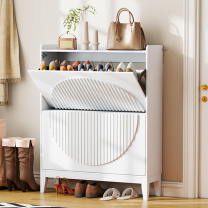 Vlsrka Shoe Cabinet Storage for Entryway with 2 Flip Drawers, Narrow Wooden Shoe Cabinet, Outdoor Hidden Shoe Storage for Entryway, Garage, Foyer, Hallway, Living Room