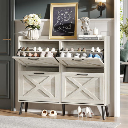 Maupvit Shoe Cabinet with 2 Flip Drawers, Freestanding Shoe Cabinet Organizer with Metal Legs, Shoes Storage Cabinet for Entryway, Narrow Shoe Rack Cabinet, Washed Gray