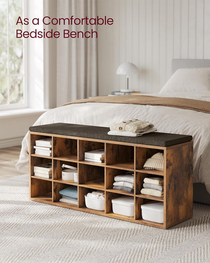 VASAGLE CUSTOS Collection - Shoe Bench, Storage Bench with Padded Seat, Entryway Bench with 15 Compartments, for Bedroom, 11.8 x 41.3 x 18.9 Inches, Rustic Brown and Chestnut Brown ULHS15BX