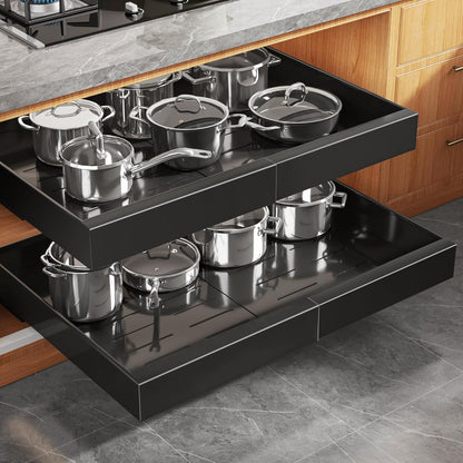 2Pack Expandable Pull Out Cabinet Organizer 21"Deep With Raising Pad for Framed Cabinets, Upgrade 3 Slide Rails Slide Out Drawers, Roll Out Shelves Adhesive,Adjustable Width 12.05"-20.4"White