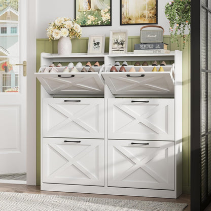 Maupvit Shoe Cabinet with 2 Flip Drawers, Freestanding Shoe Cabinet Organizer with Metal Legs, Shoes Storage Cabinet for Entryway, Narrow Shoe Rack Cabinet, Washed Gray