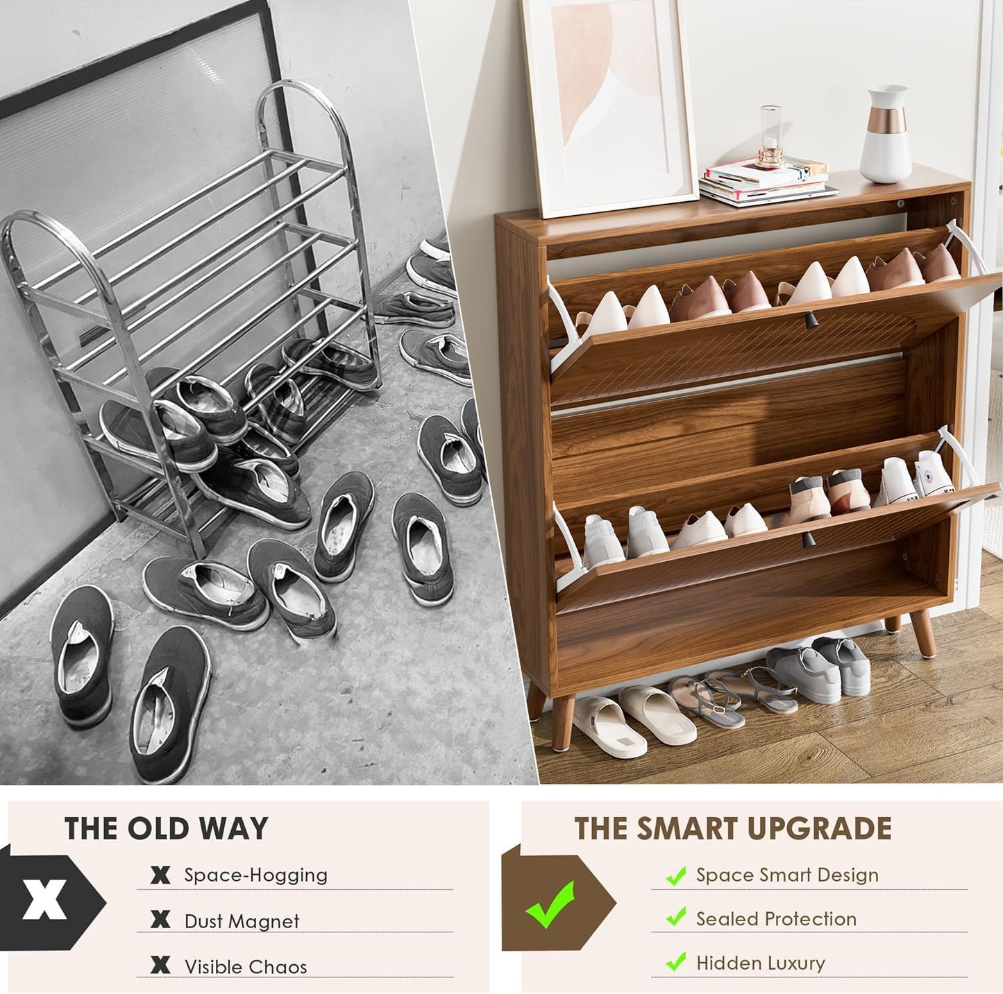 Shoe Storage Cabinet for Entryway with 2 Flip Drawers, Narrow Wood Shoe Cabinet with Fluted Panel, Freestanding Hidden Shoe Organizer for Foyer, Hallway (Walnut - No Shelf)