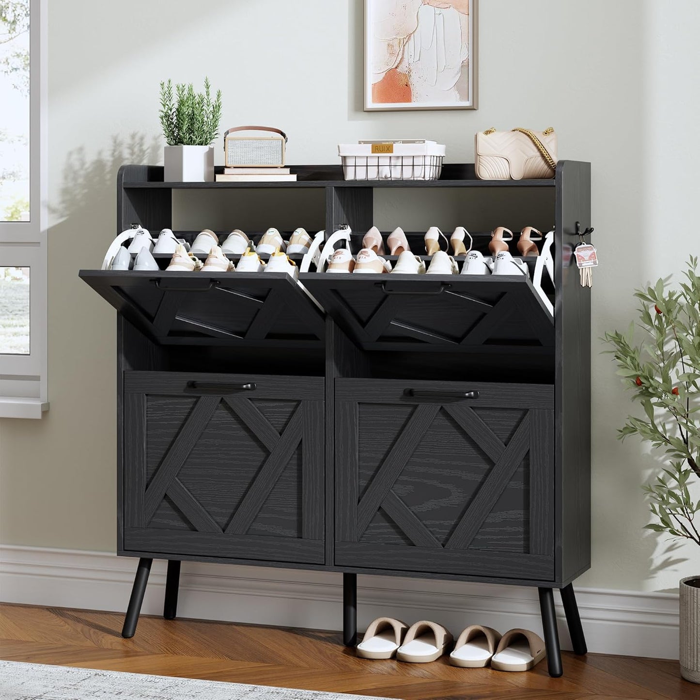 Nicetree Shoe Cabinet Organizer with 2 Flip Drawers, Freestanding Narrow Rack with Metal Legs, Farmhouse Slim Shoe Storage for Entryway, Foyer, Hallway, Rustic Brown