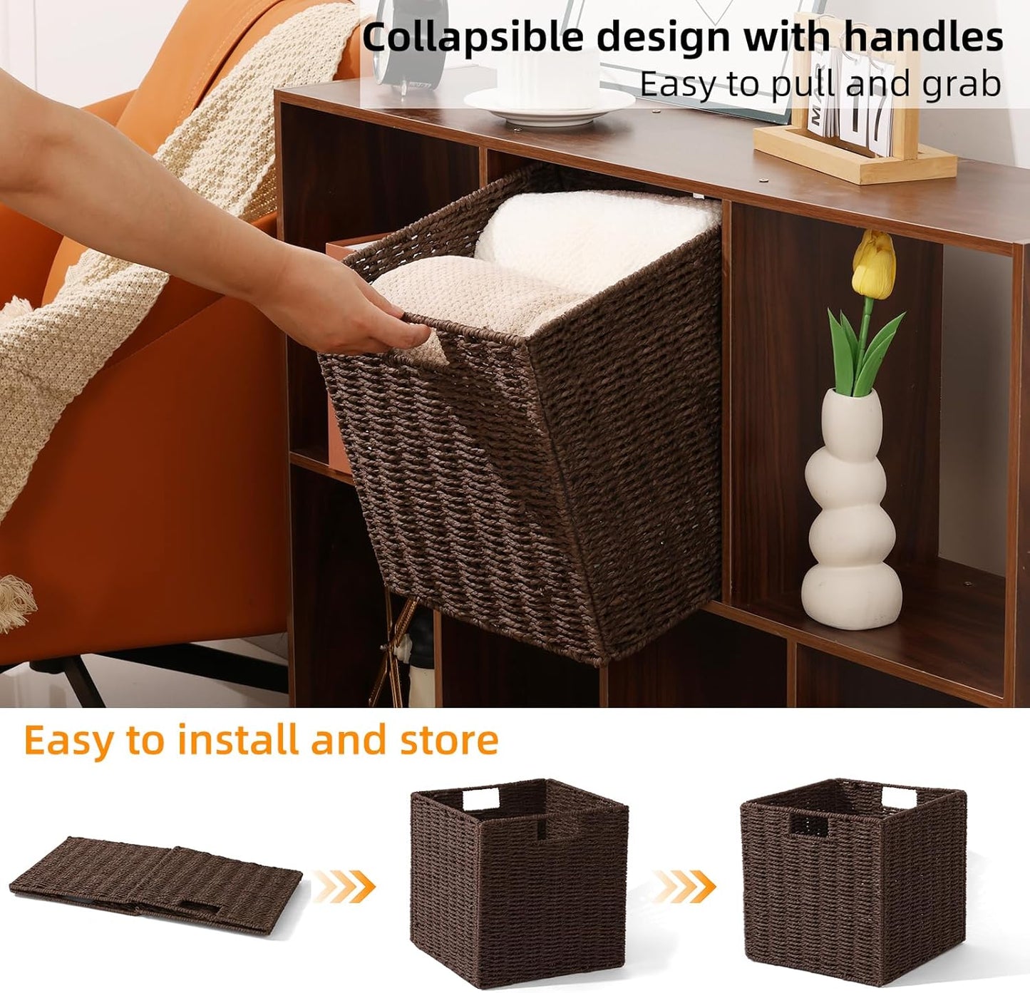 Set of 2 Hand-Woven Paper Rope Wicker Baskets, Storage Basket, Foldable Cube Storage Bins, Brown Storage Cubes, Square Baskets for Organizing Shelves Decor, 12x12x12in