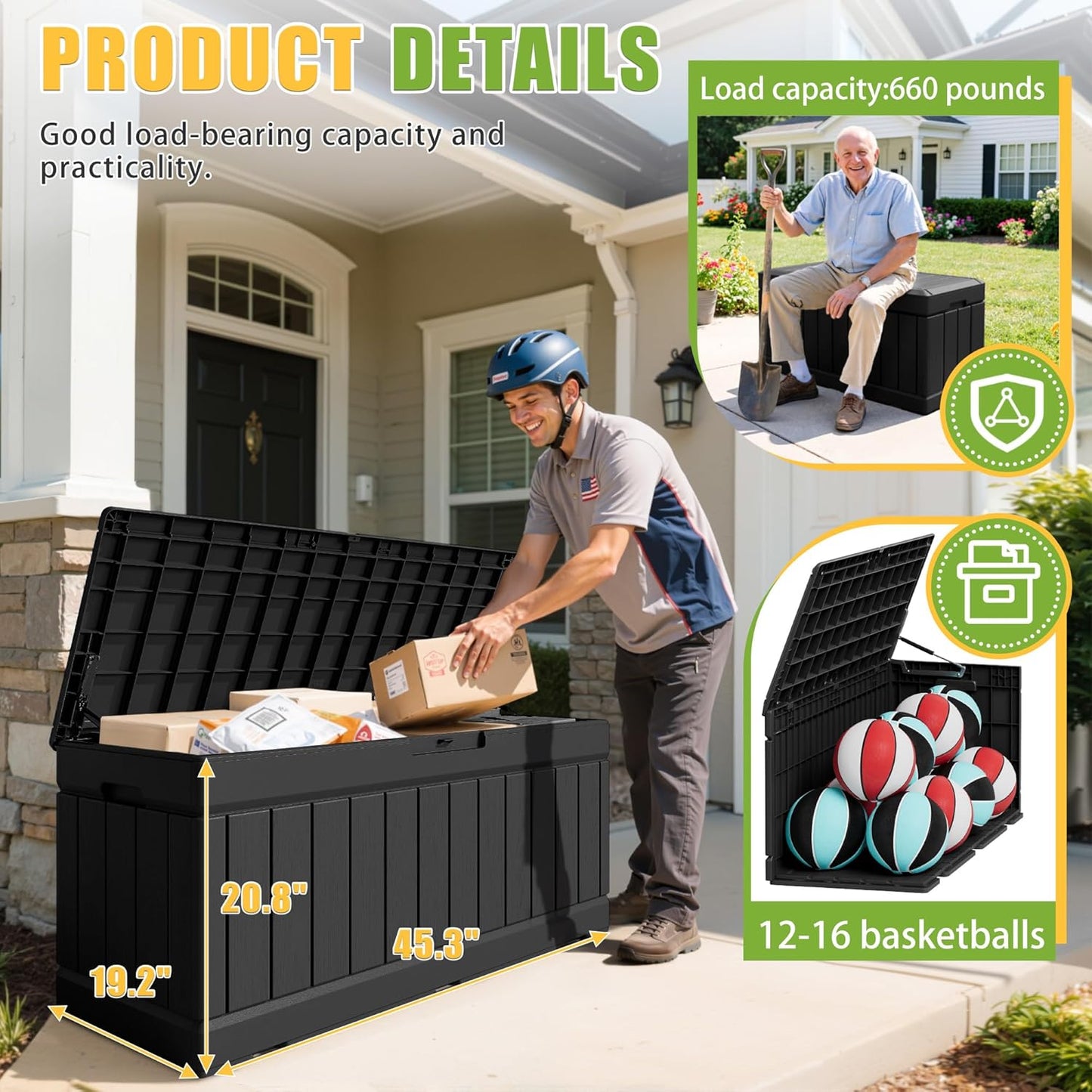 Greesum 82 Gallon Resin Deck Box Large Outdoor Storage for Patio Furniture, Garden Tools, Pool Supplies, Weatherproof and UV Resistant, Lockable, Black