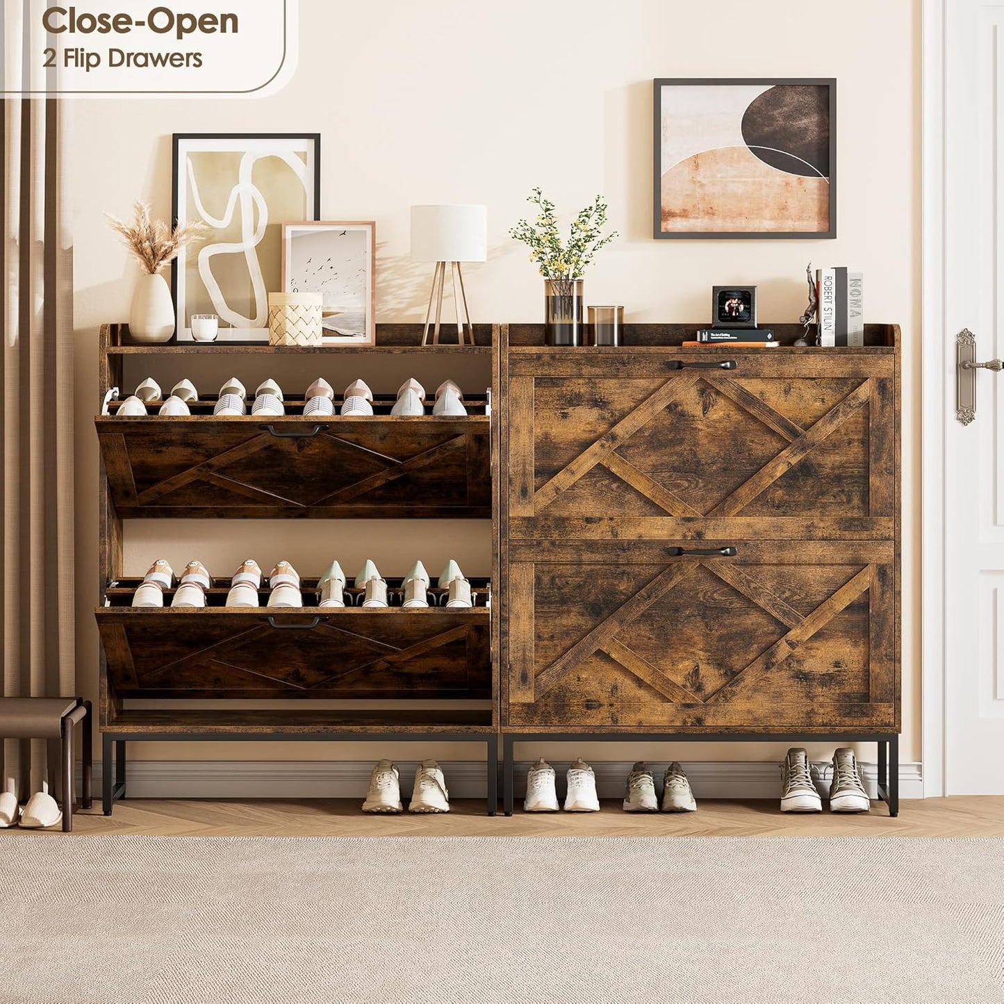 Nicetree Shoe Cabinet Organizer with 2 Flip Drawers, Freestanding Narrow Rack with Metal Legs, Farmhouse Slim Shoe Storage for Entryway, Foyer, Hallway, Rustic Brown