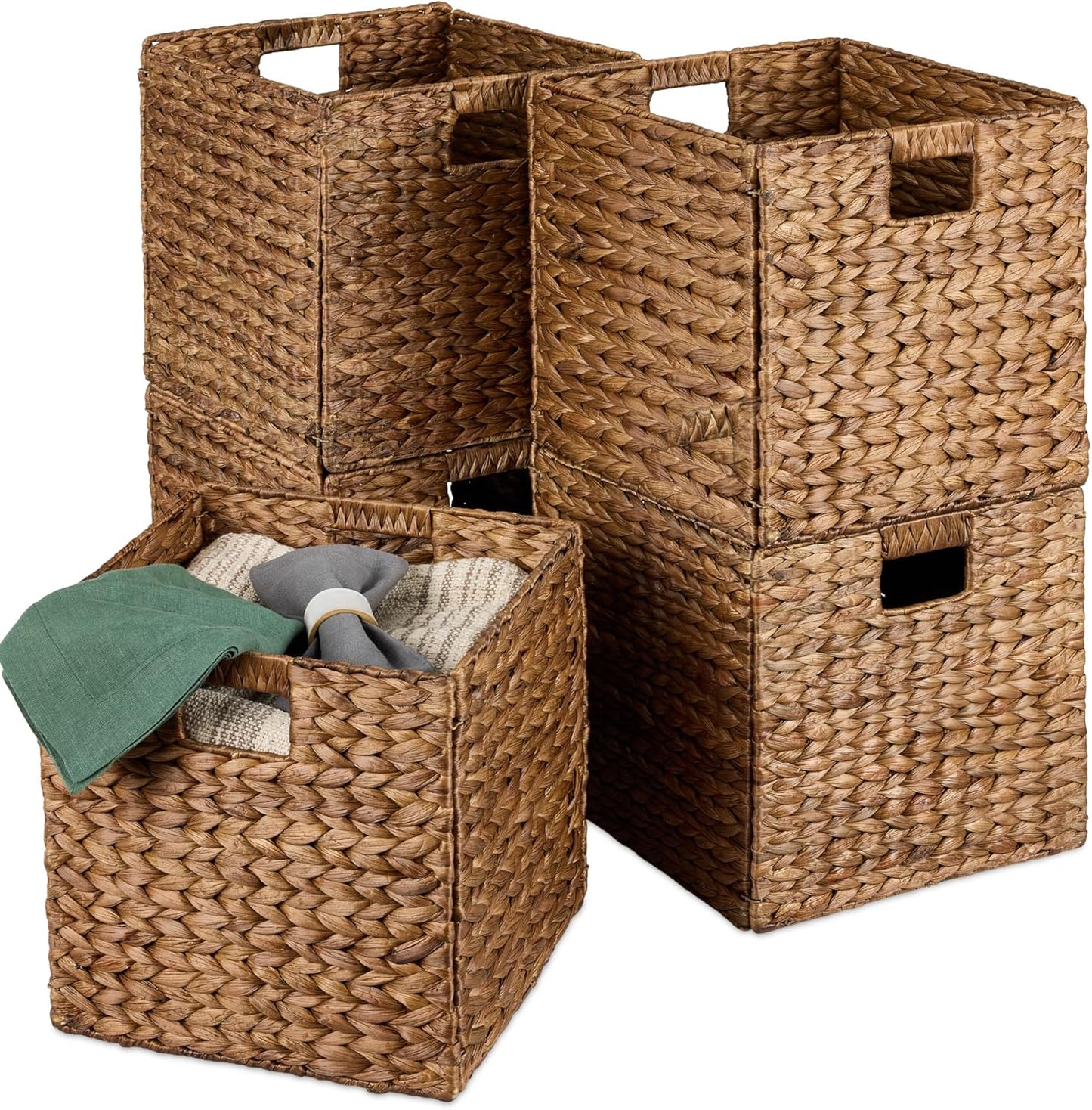 Best Choice Products 10.5x10.5in Pack of 5 Cube Storage Baskets, Water Hyacinth Multipurpose Collapsible Organizers, Handwoven Laundry Totes for Laundry, Living Room, Kids Room & Nursery - Brown