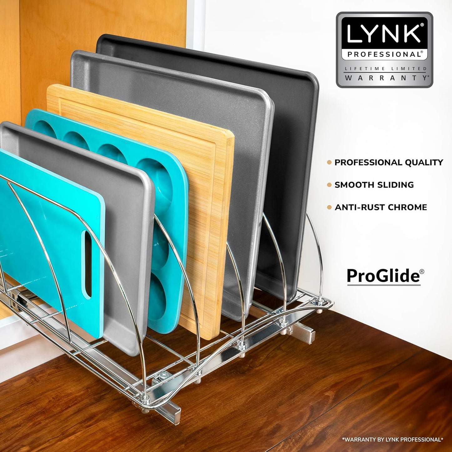 LYNK PROFESSIONAL® Pull Out Cutting Board, Cookie Sheet, and Baking Pan Organizer Rack - Lifetime Ltd. Warranty - Slide Out Kitchen Cabinet Organizers – 14W x 21D - Pullout Shelf, Extra-Large, Chrome