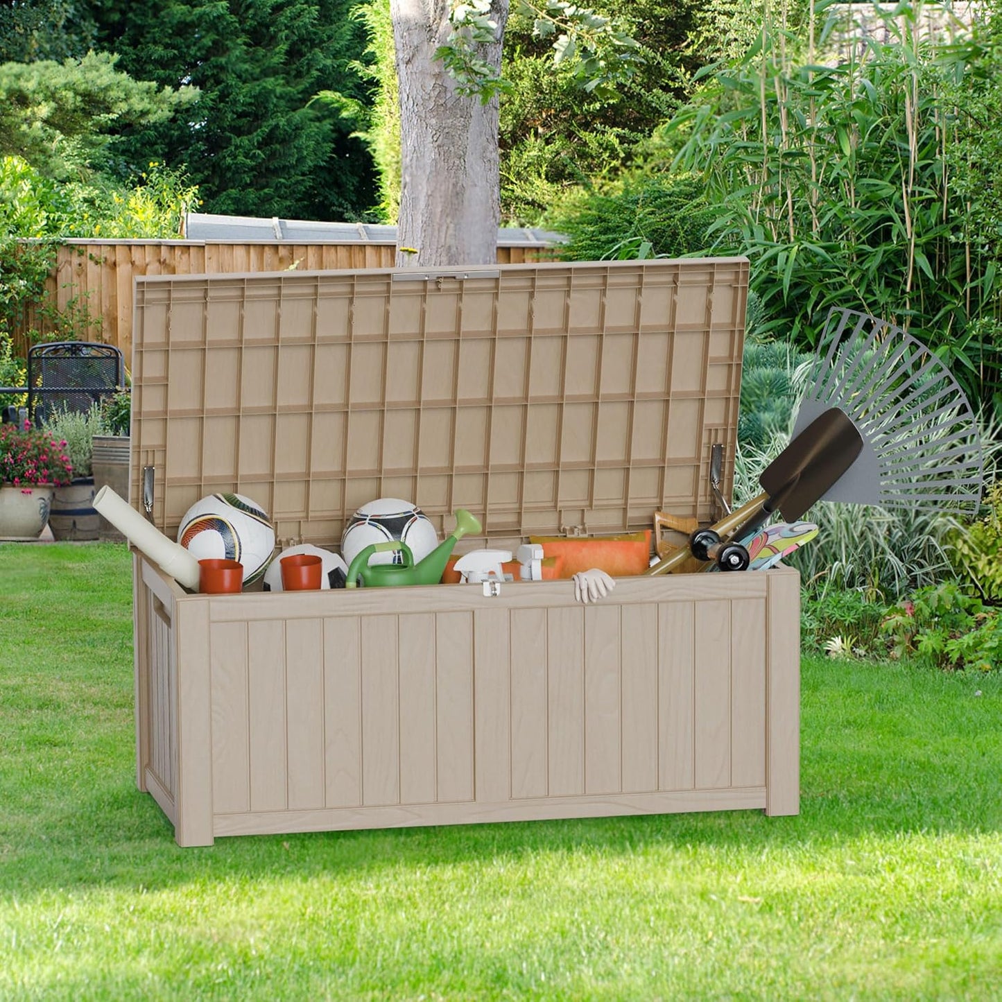 270 Gallon Waterproof Deck Box, Lockable Resin Storage Box for Patio Furniture Cushions Garden Tools and Outdoor Delivery Storage, Coffee