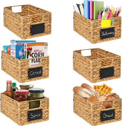 BARIEN 6 Pcs 12" x 9" x 6" Natural Water Hyacinth Woven Storage Baskets, Rectangular Wicker Basket with Built-in Handles, Woven Cube Storage Bin with Chalkboard Label Chalk Marker (Natural - Set of 6)