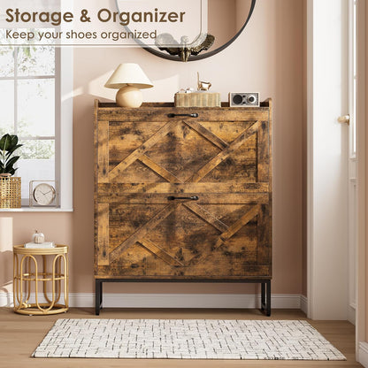 Nicetree Shoe Cabinet Organizer with 2 Flip Drawers, Freestanding Narrow Rack with Metal Legs, Farmhouse Slim Shoe Storage for Entryway, Foyer, Hallway, Rustic Brown