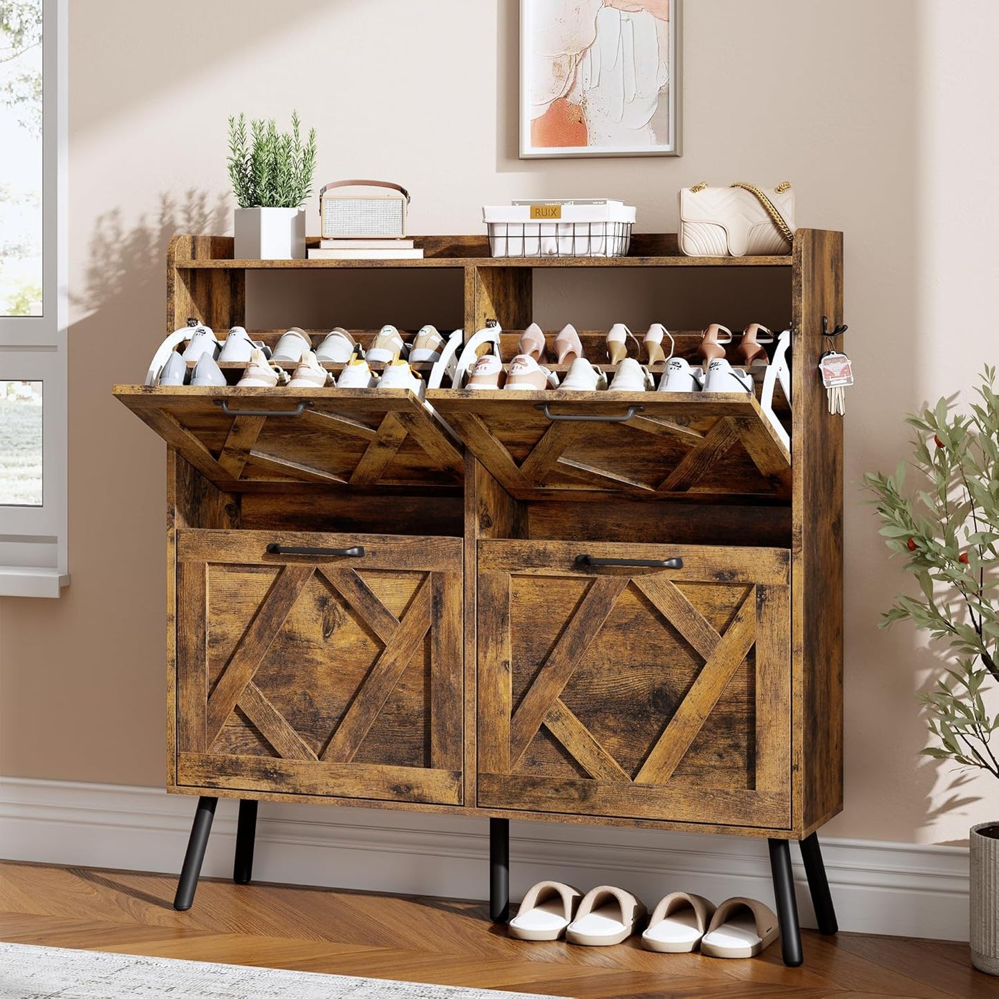 Nicetree Shoe Cabinet Organizer with 2 Flip Drawers, Freestanding Narrow Rack with Metal Legs, Farmhouse Slim Shoe Storage for Entryway, Foyer, Hallway, Rustic Brown