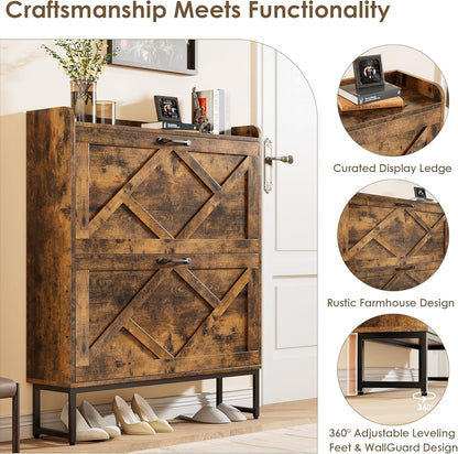Nicetree Shoe Cabinet Organizer with 2 Flip Drawers, Freestanding Narrow Rack with Metal Legs, Farmhouse Slim Shoe Storage for Entryway, Foyer, Hallway, Rustic Brown