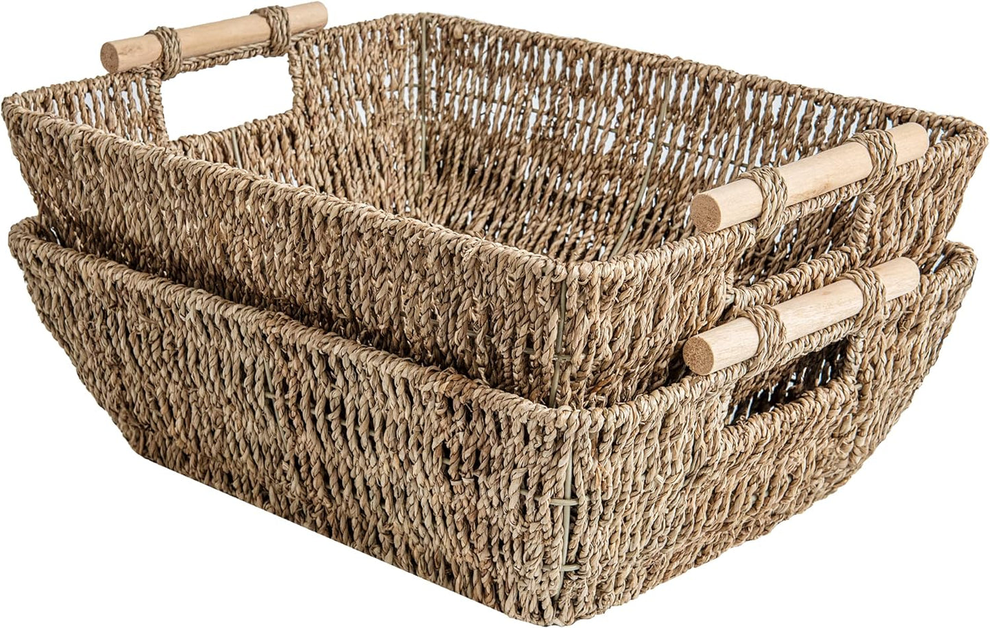 StorageWorks Hand-Woven Large Storage Baskets with Wooden Handles, Water Hyacinth Wicker Baskets for Organizing, 2-Pack