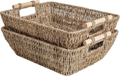 StorageWorks Hand-Woven Large Storage Baskets with Wooden Handles, Water Hyacinth Wicker Baskets for Organizing, 2-Pack