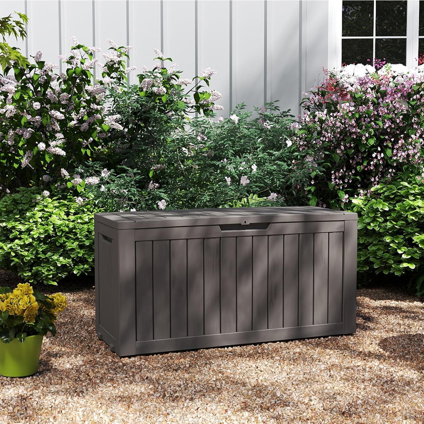 270 Gallon Waterproof Deck Box, Lockable Resin Storage Box for Patio Furniture Cushions Garden Tools and Outdoor Delivery Storage, Coffee