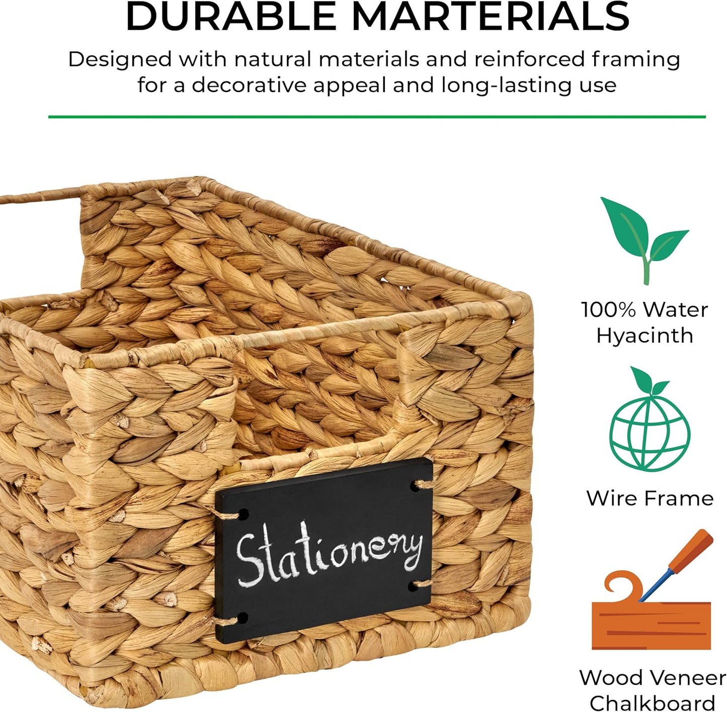 BARIEN 6 Pcs 12" x 9" x 6" Natural Water Hyacinth Woven Storage Baskets, Rectangular Wicker Basket with Built-in Handles, Woven Cube Storage Bin with Chalkboard Label Chalk Marker (Natural - Set of 6)