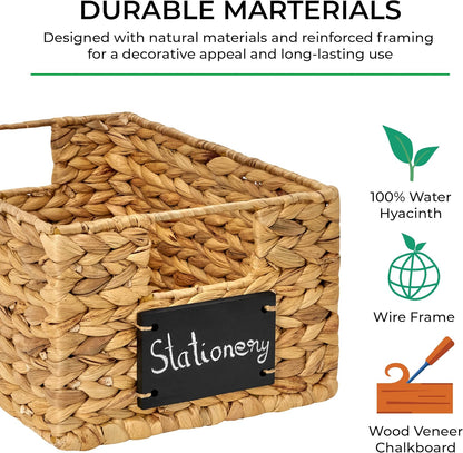 BARIEN 6 Pcs 12" x 9" x 6" Natural Water Hyacinth Woven Storage Baskets, Rectangular Wicker Basket with Built-in Handles, Woven Cube Storage Bin with Chalkboard Label Chalk Marker (Natural - Set of 6)
