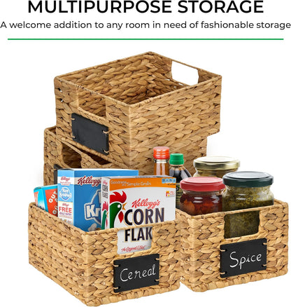 BARIEN 6 Pcs 12" x 9" x 6" Natural Water Hyacinth Woven Storage Baskets, Rectangular Wicker Basket with Built-in Handles, Woven Cube Storage Bin with Chalkboard Label Chalk Marker (Natural - Set of 6)