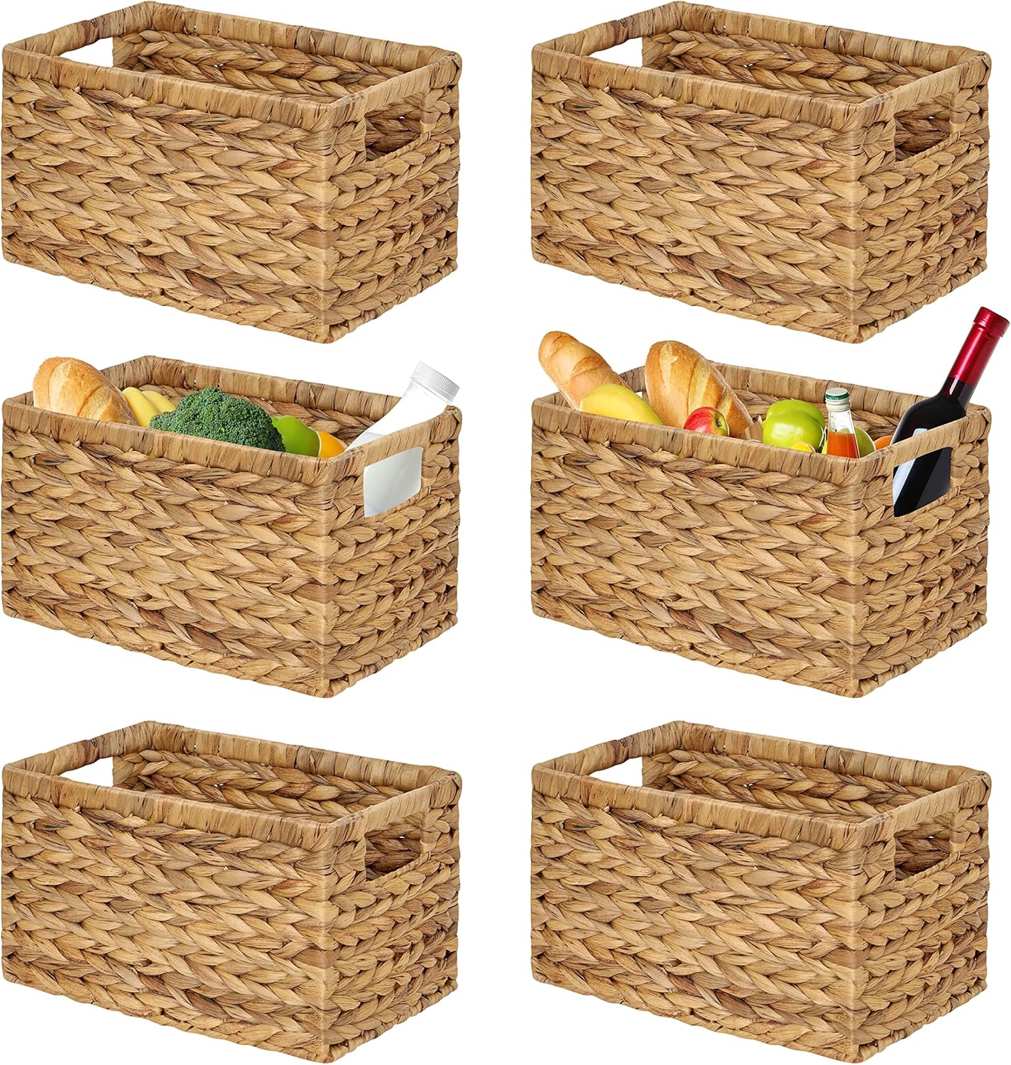 BARIEN Set of 6 Natural Water Hyacinth Woven Storage Baskets 12.6” x 8” x 7”, Rectangular Wicker Basket with Built-in Handles, Medium (Natural - Set of 6)